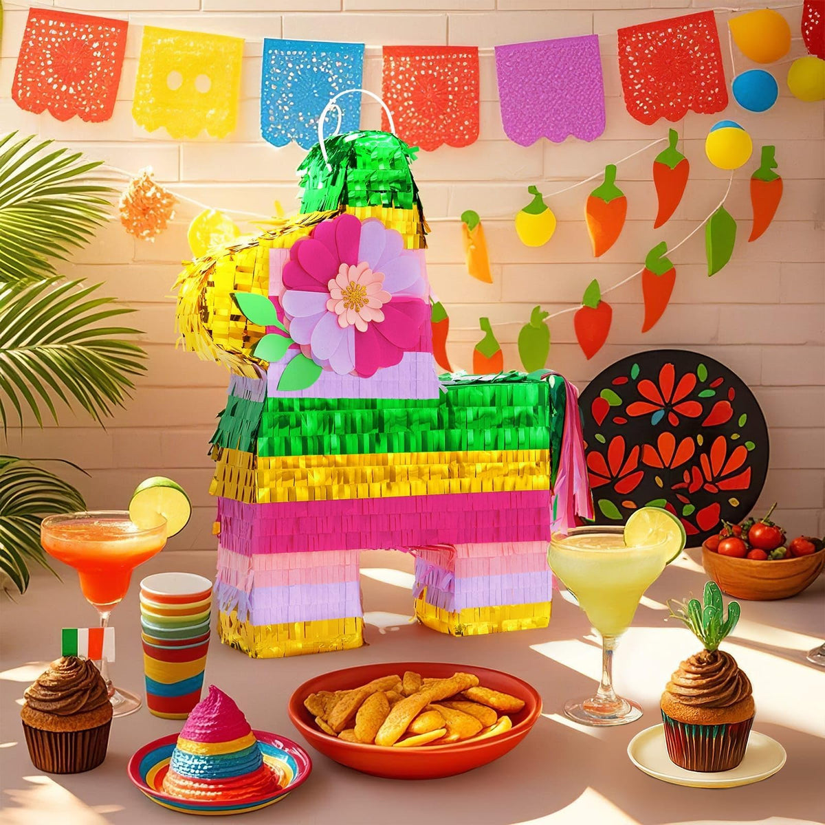 WERNNSAI rainbow donkey pinata ready to fill with candies and small toys.