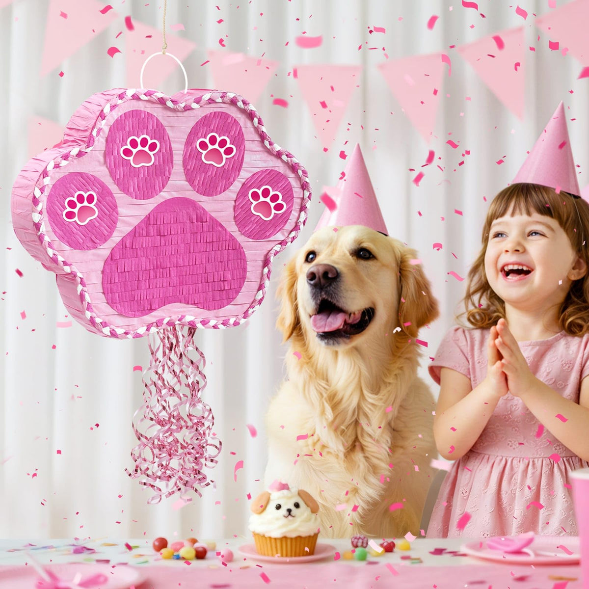 WERNNSAI pink paw pinata fill with treats and toys.