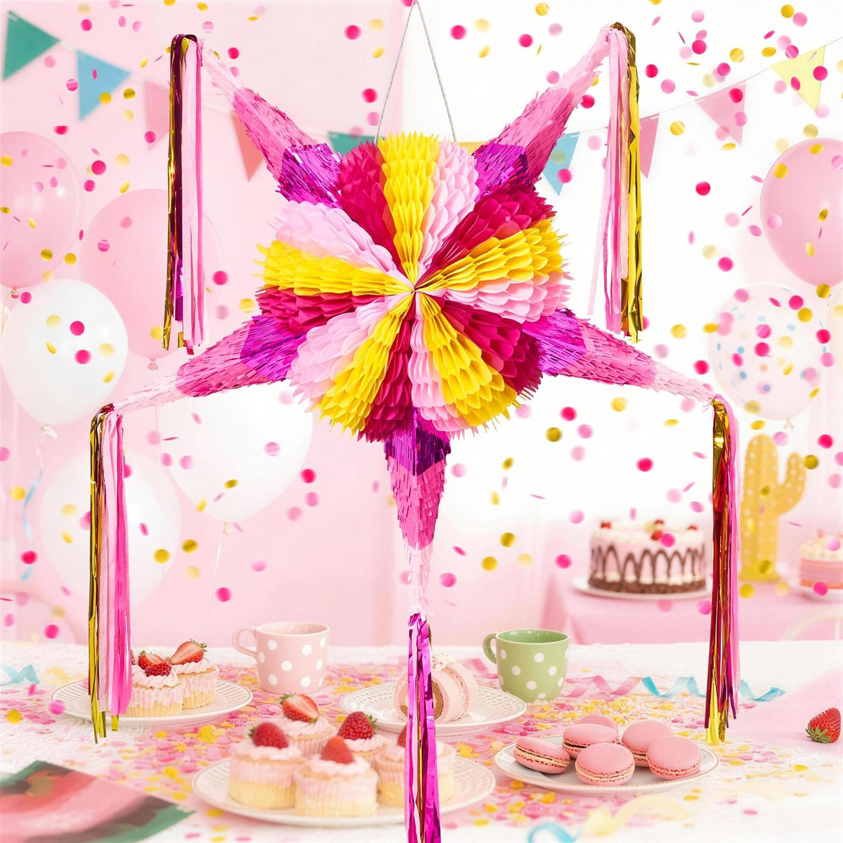 WERNNSAI pink star pinata with metallic fringe and tassels for festive decor.