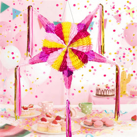 WERNNSAI pink star pinata with metallic fringe and tassels for festive decor.