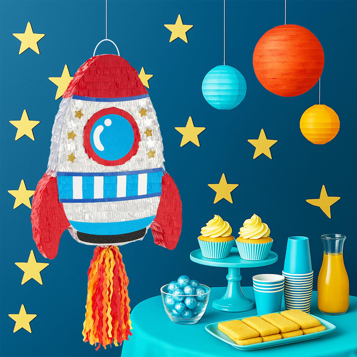 WERNNSAI rocket pinata bright colors closeup with red blue silver accents