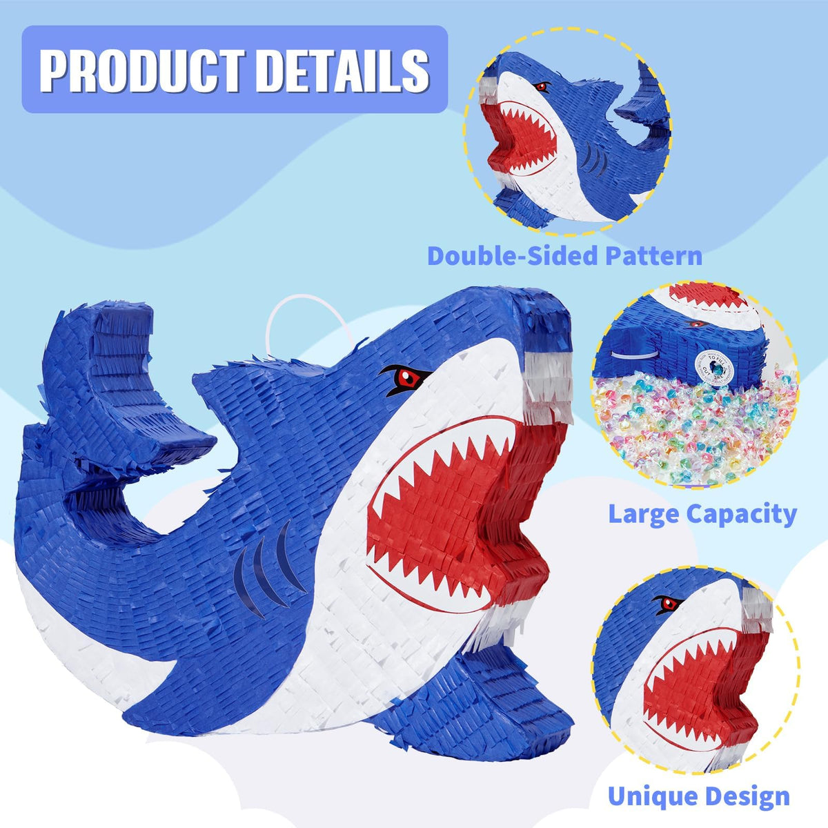 WERNNSAI shark pinata blue fringe detail perfect for vivid party visuals.
