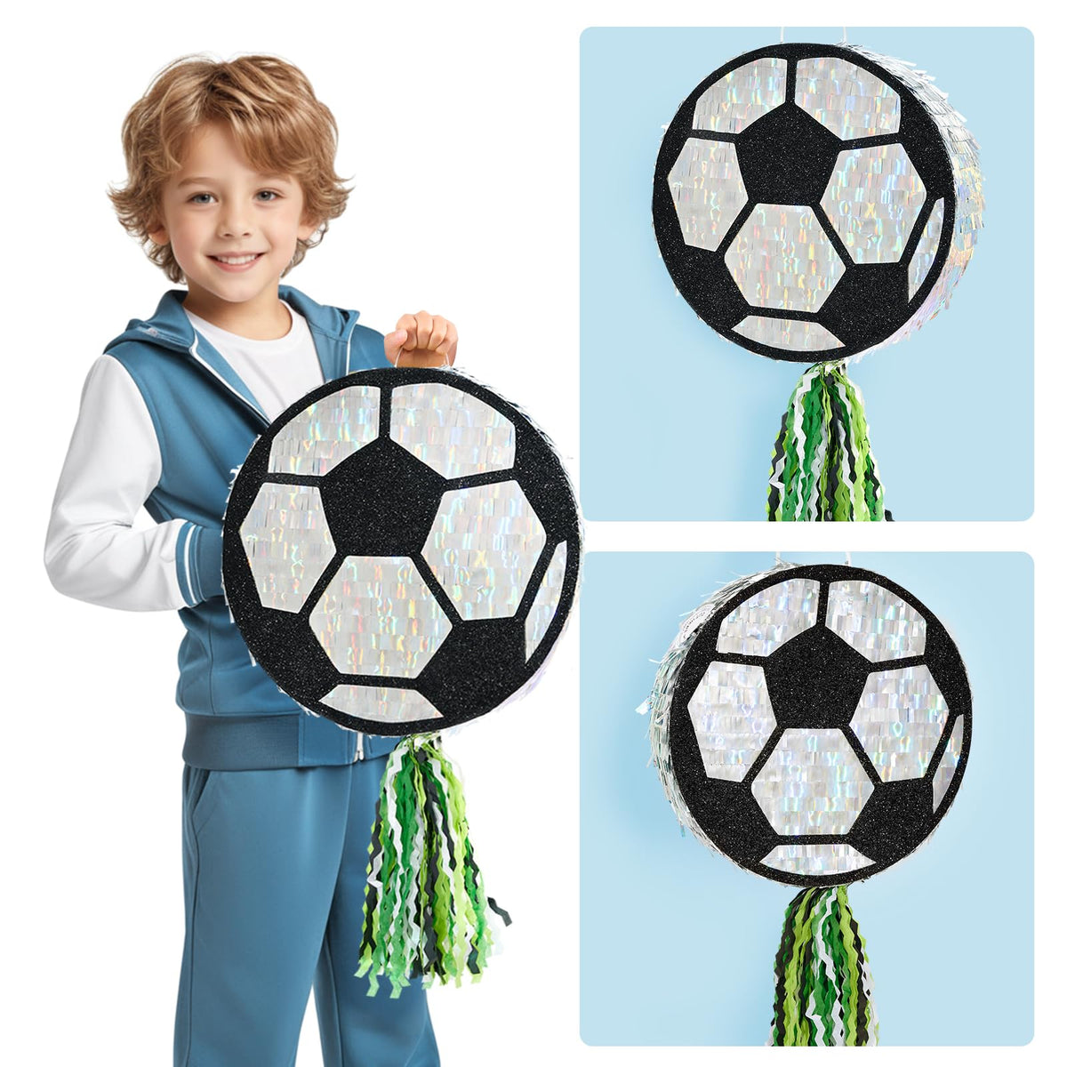 WERNNSAI soccer pinata hitting stick emphasizes safe, playful party interaction.