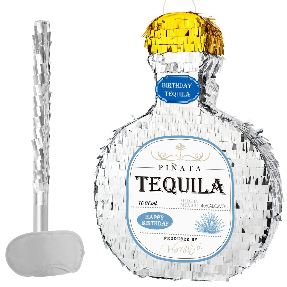 WERNNSAI Tequila Bottle Piñata with silver shine, ideal for festive party decor.