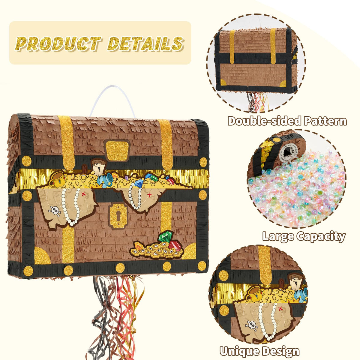 WERNNSAI Treasure Chest Pinata side view with hanging loop, easy to display.