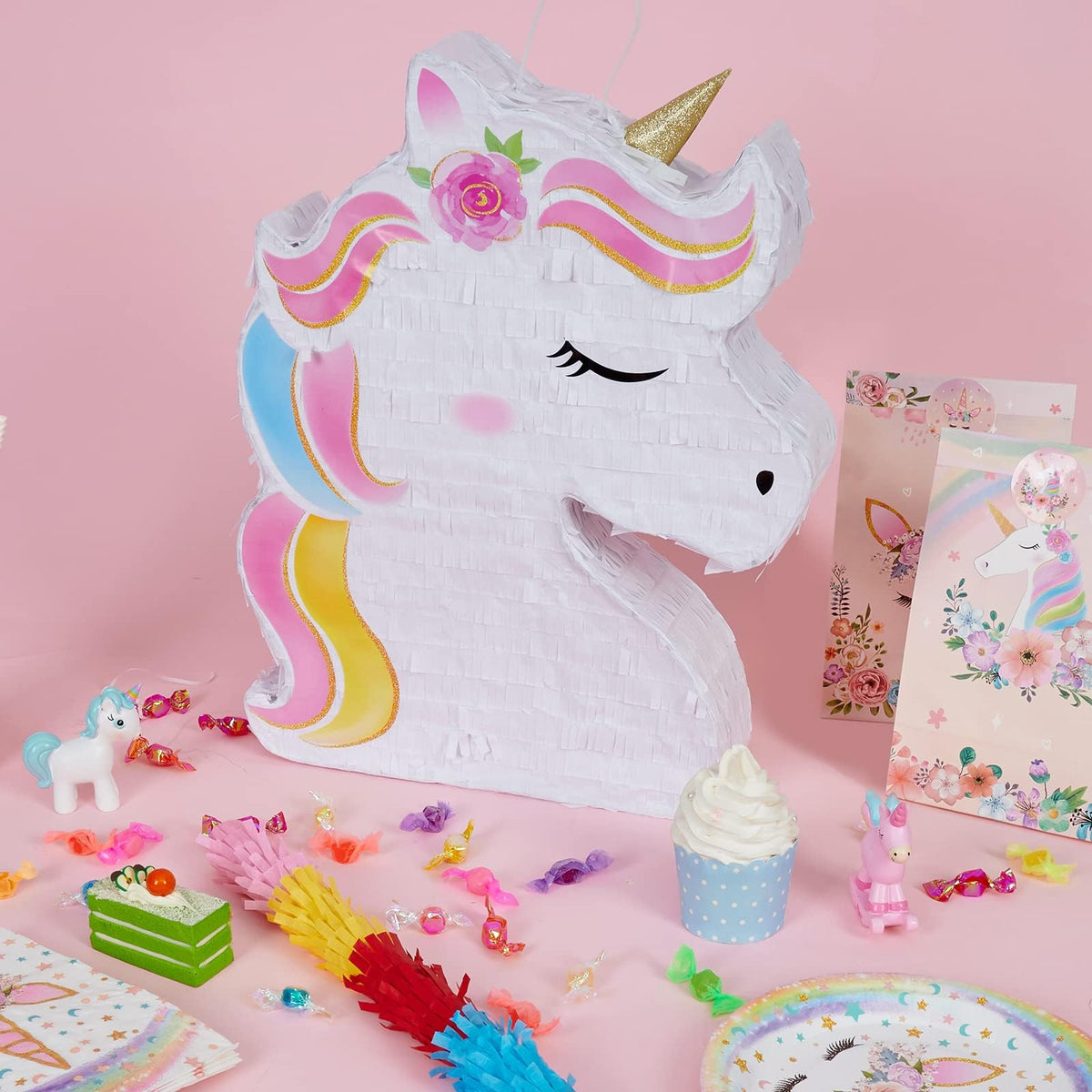 WERNNSAI unicorn pinata side view showing durable corrugated paper construction.
