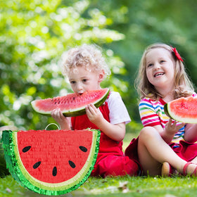 WERNNSAI Watermelon Pinata in a tropical party scene with guests.