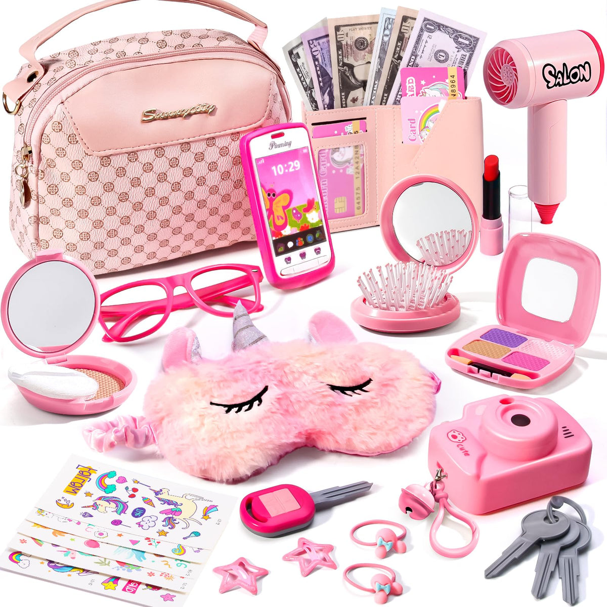 WESAYEE little girl purse with pretend makeup for imaginative play and storytelling.