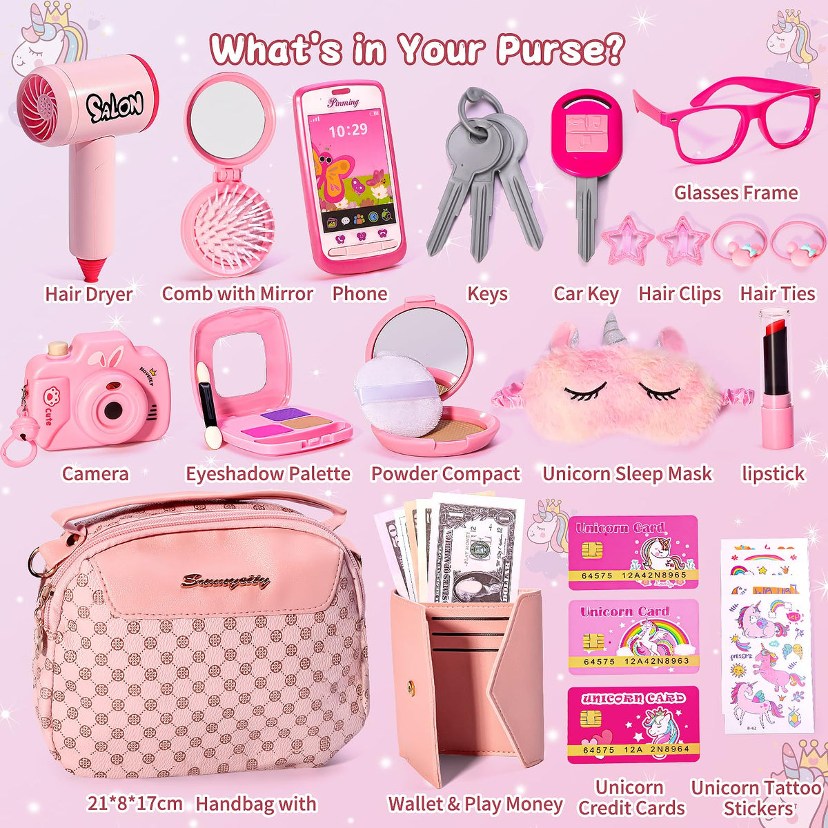 WESAYEE princess purse with wallet and comb for portable dress‑up fun.