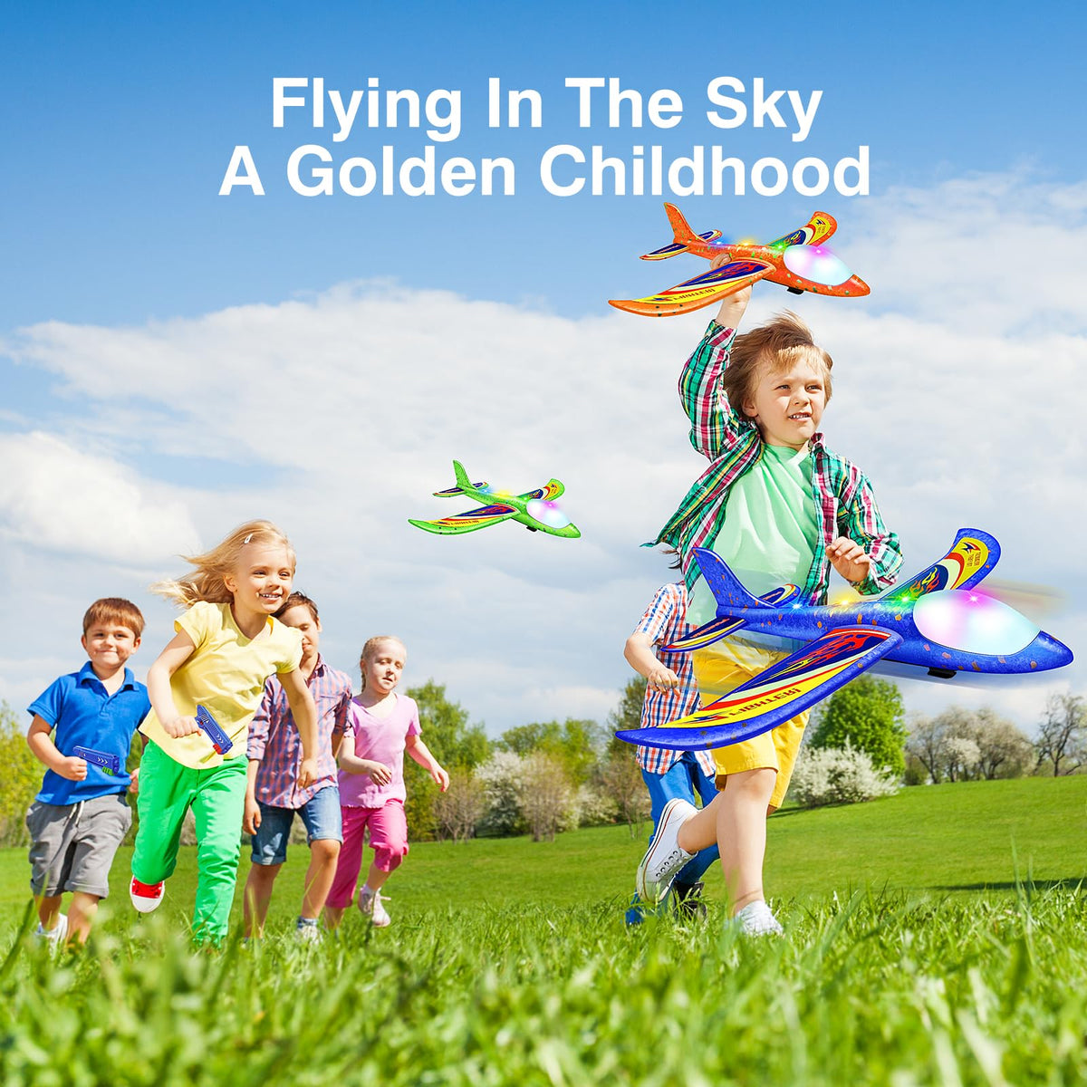 Wesfuner kids playing outdoors with foam planes on grass.