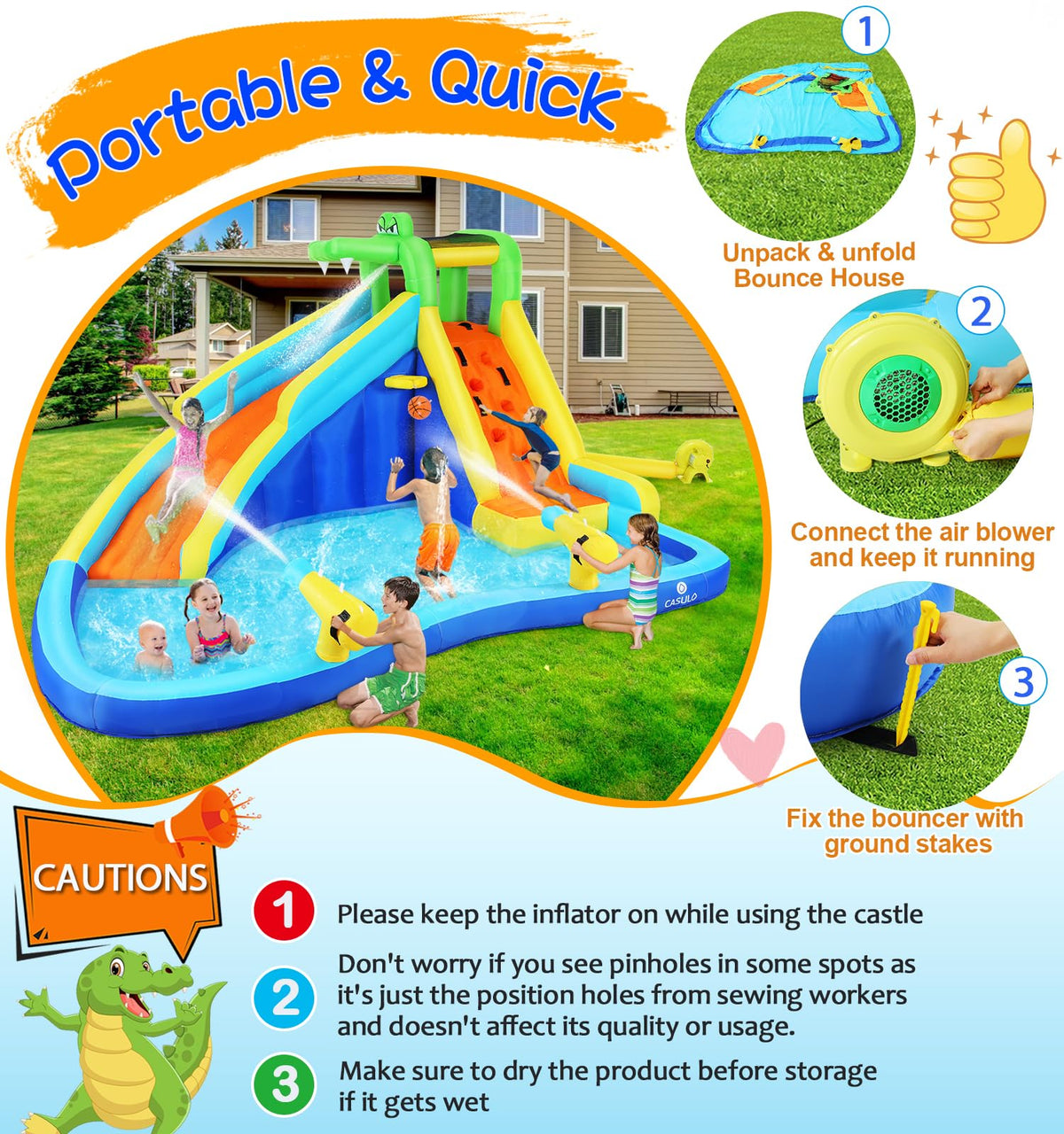 Wesoky water slide crocodile sprinkler adds cooling spray.