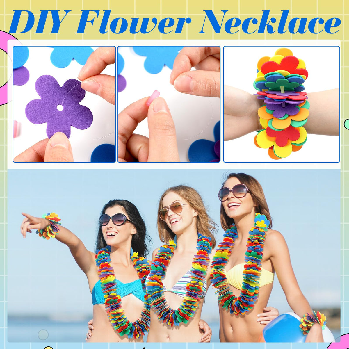 Wettarn bright color foam flowers shown for DIY luau decor