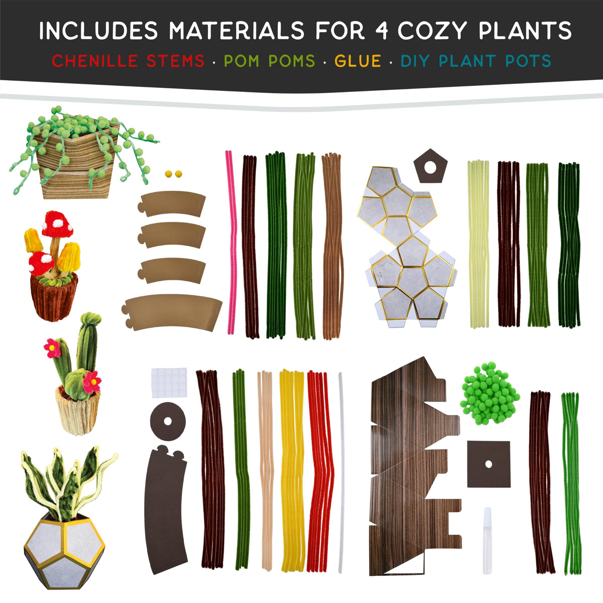 WeVeel Cozy Craftworks Chenille Stem Kit step-by-step guides demonstrate beginner-friendly crafting