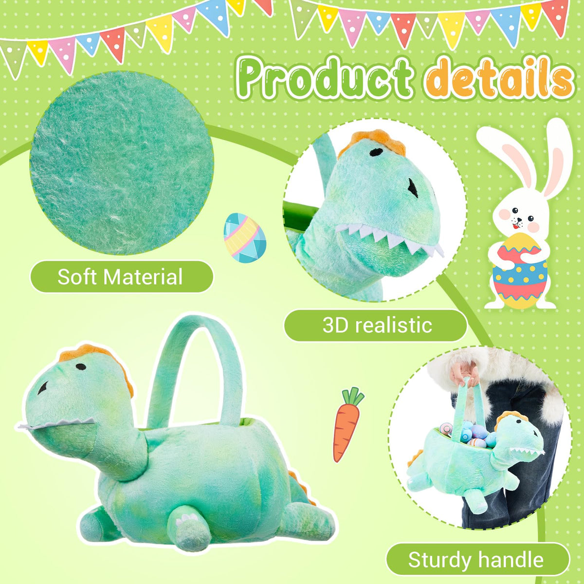 Weysat dinosaur plush basket side handle for easy carrying during egg hunts