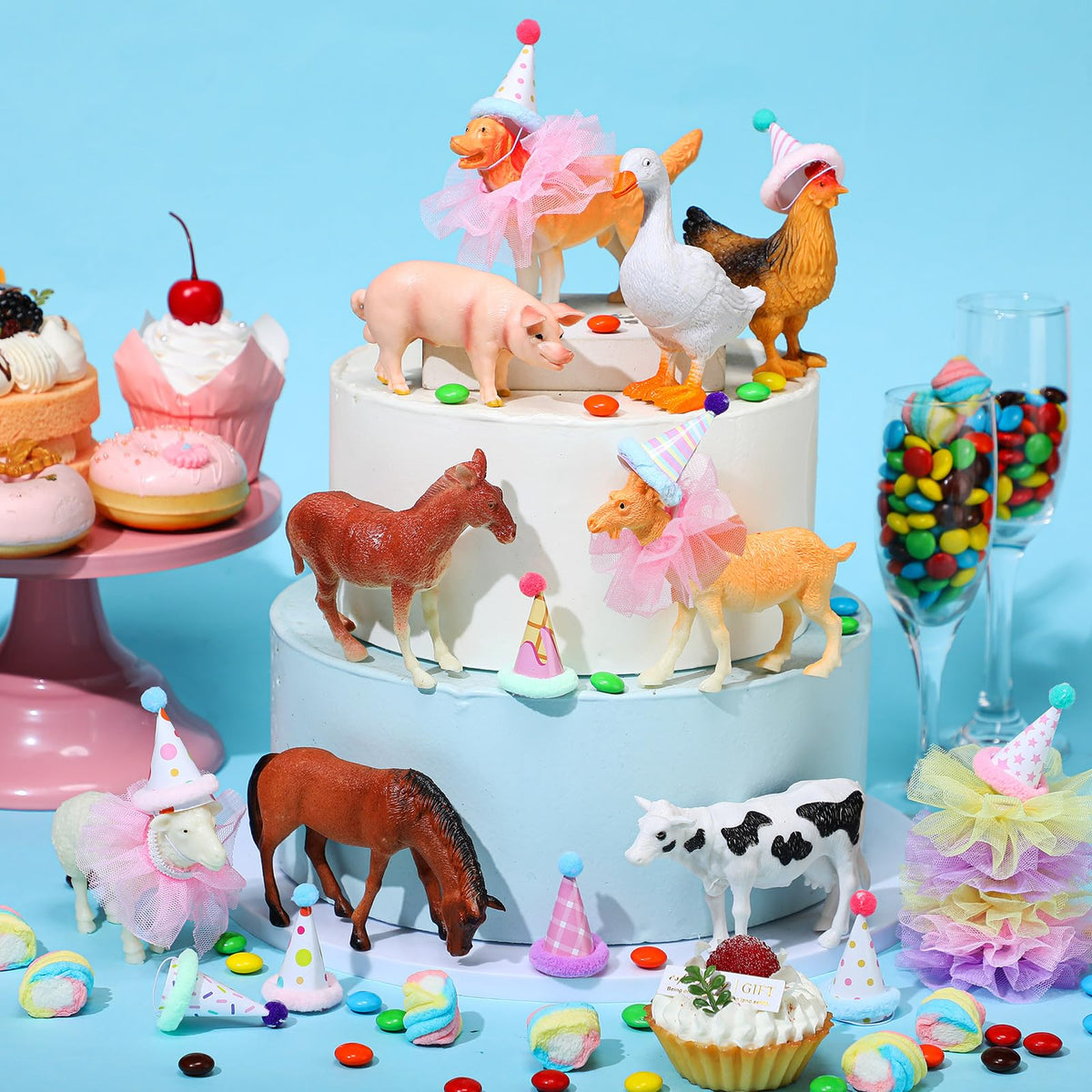 Weysat mini skirts complete toppers for a playful farm-themed display.