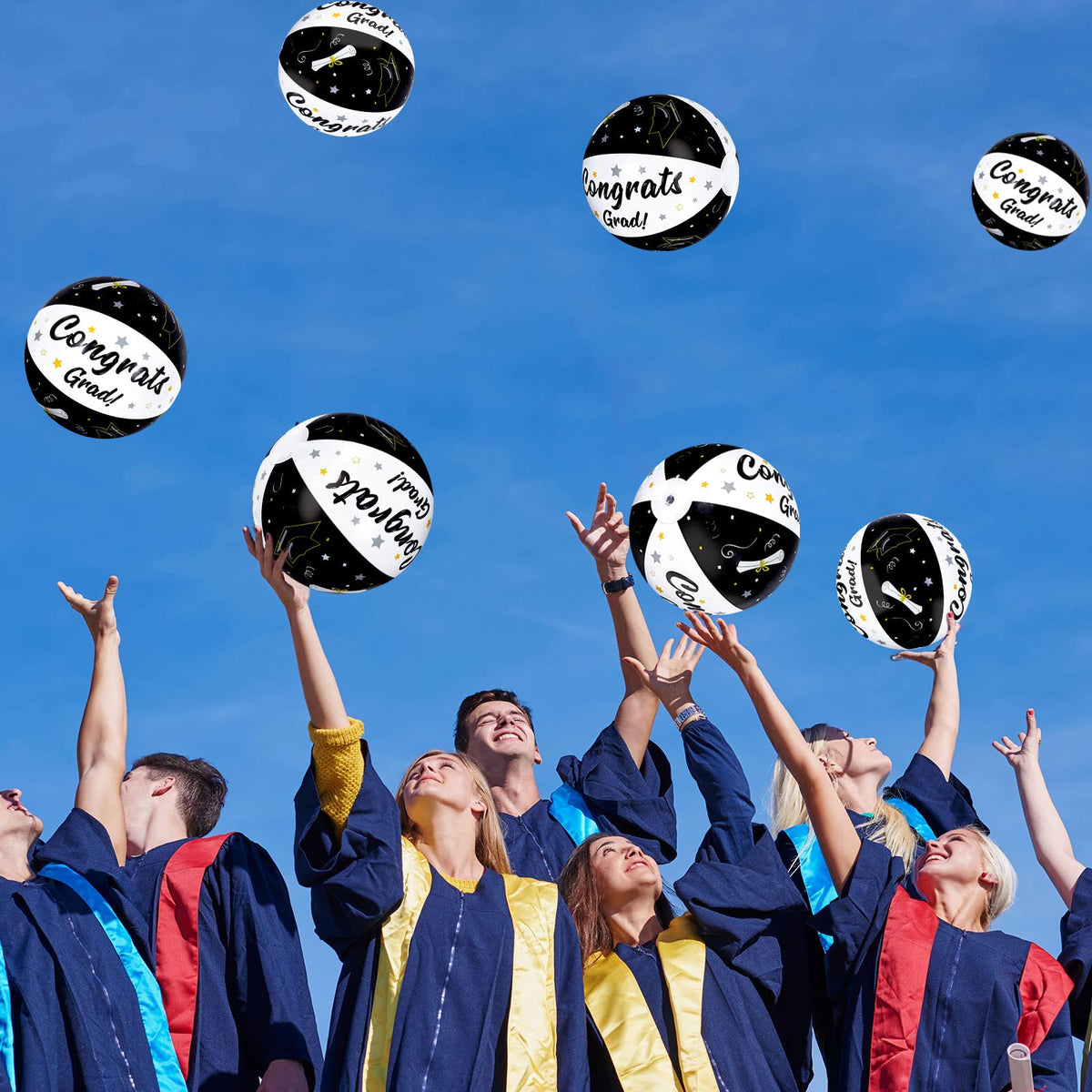 Whaline black-and-white graduation beach ball, elegant design for party aesthetics.