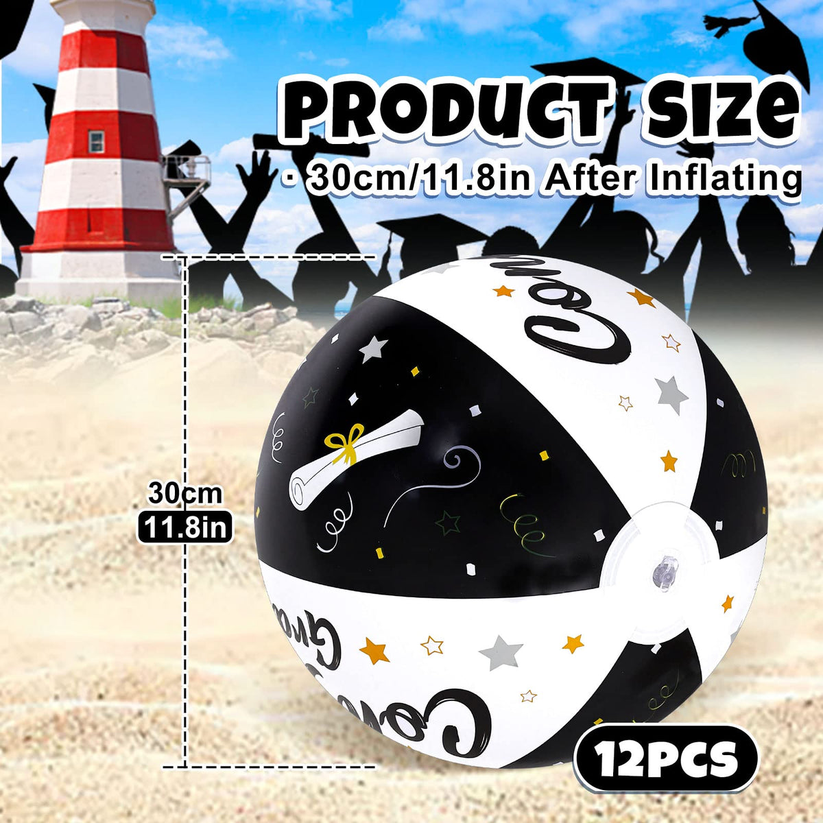 Whaline graduation beach ball with grad cap and scroll, great for photo moments.