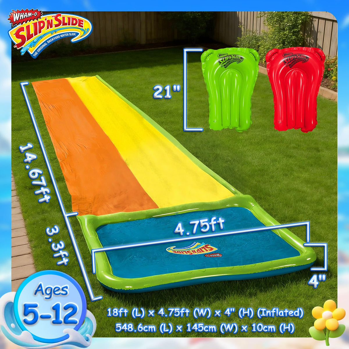 Wham-O Slip N Slide 18ft end sprayer demonstrates continuous mist for slick surface