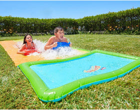Wham-O Slip N Slide 18ft side setup showing easy assembly and anchors