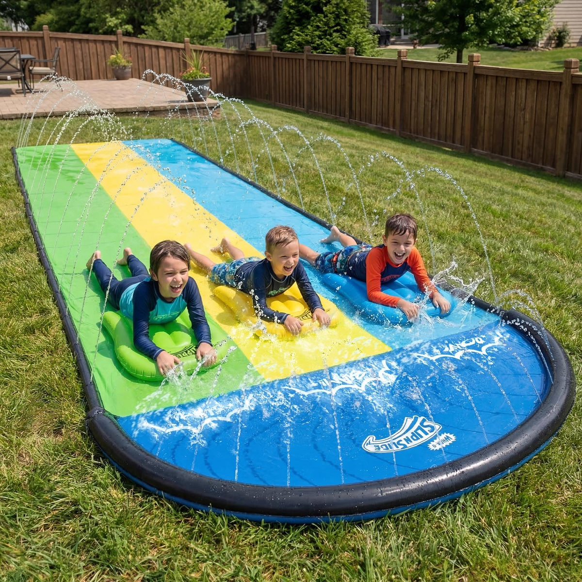 Wham-O Slip N Slide 18ft triple-wave with body boards for thrilling backyard fun.