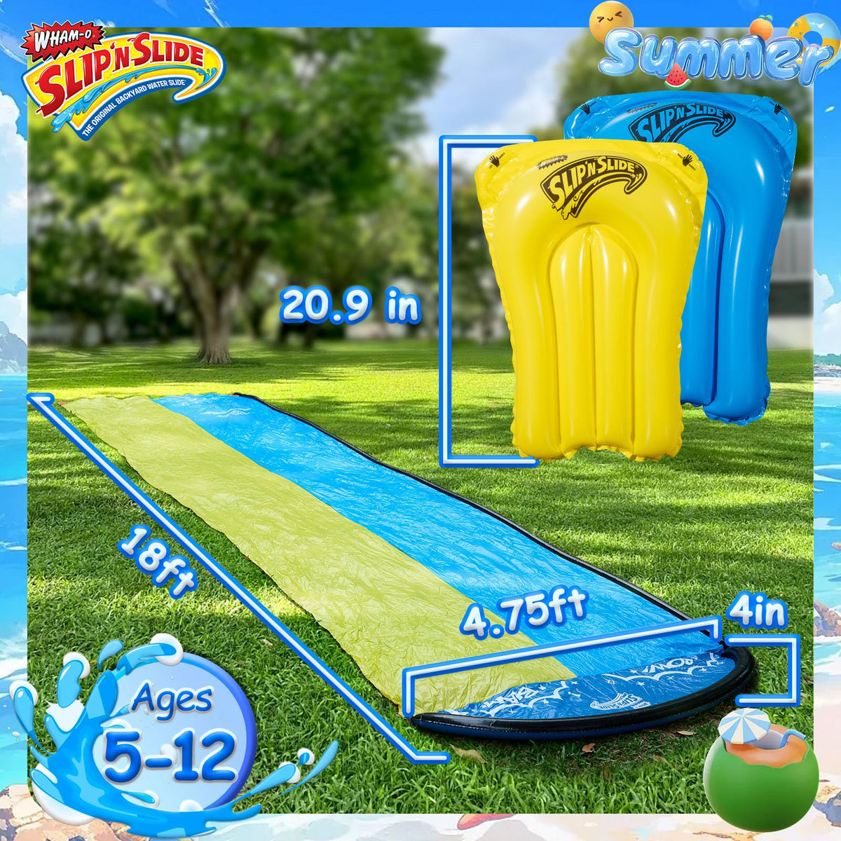 Wham-O Slip N Slide body boards setup for kid-friendly play.