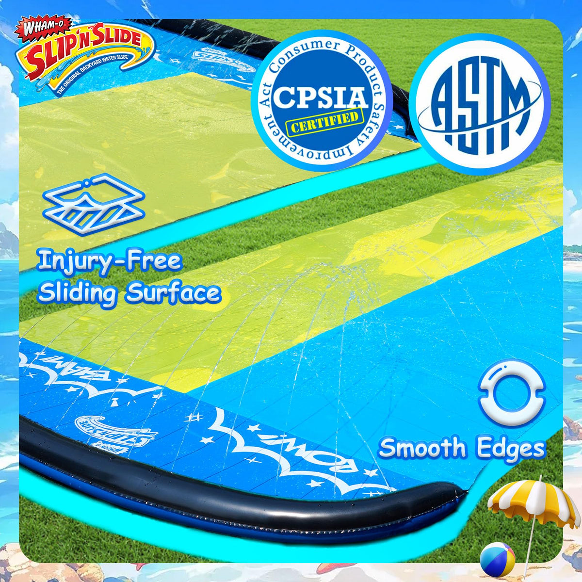 Wham-O Slip N Slide colorful surface attracts kids for high-energy water play.