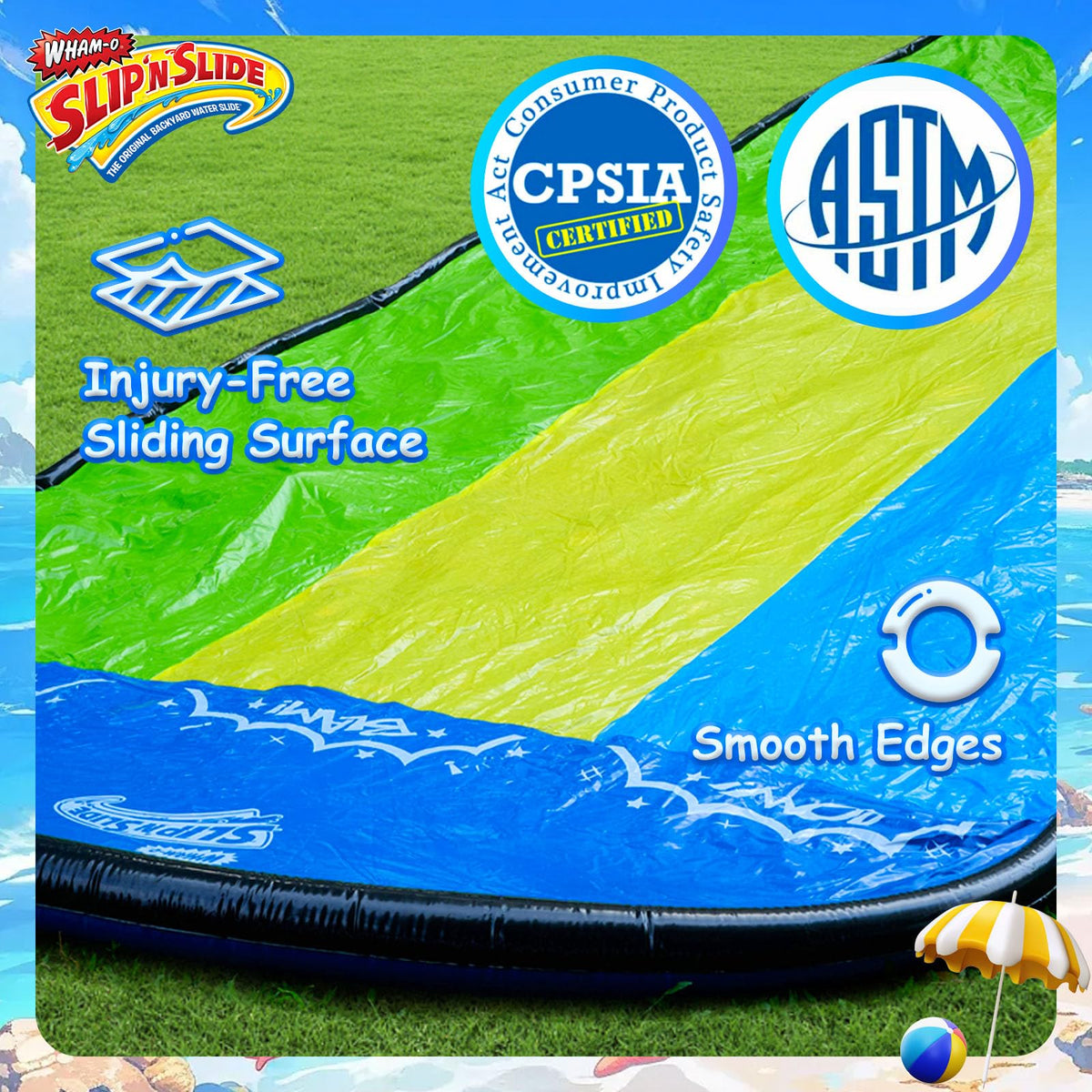 Wham-O Slip N Slide easy setup with anchors and garden hose connection.