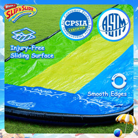Wham-O Slip N Slide easy setup with anchors and garden hose connection.