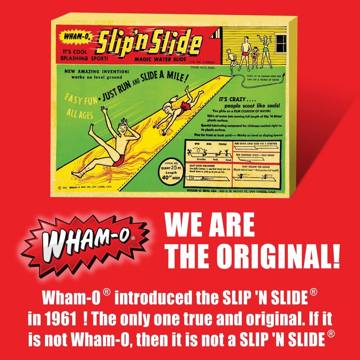 Wham-O Slip N Slide ready for water connection with hose for quick setup.