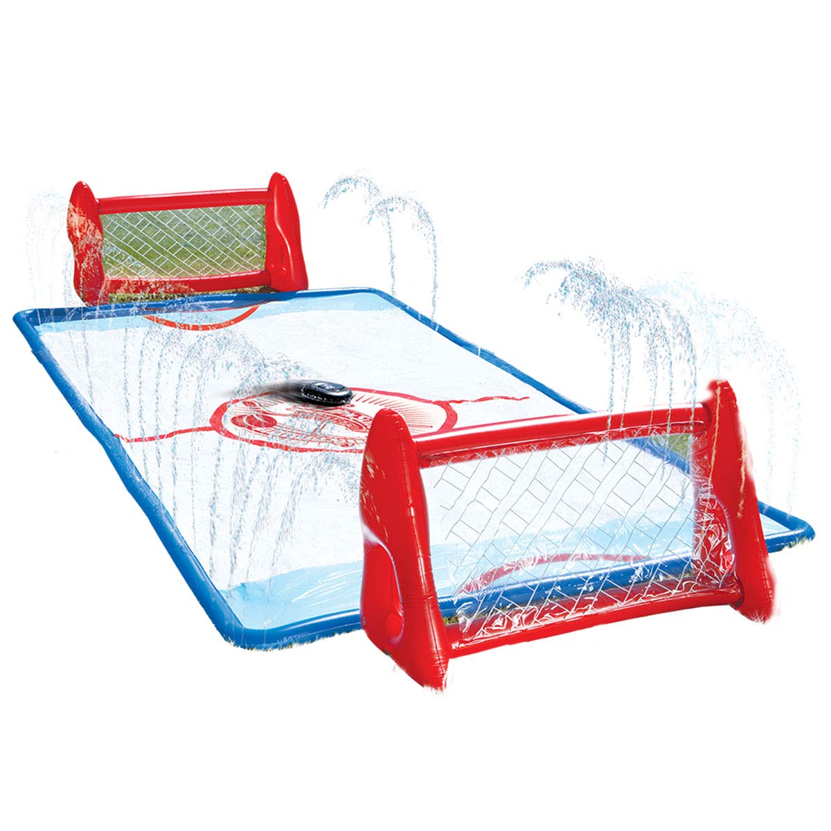 Wham-O Slip N Slide Water Knee Hockey goals set in backyard for active family fun