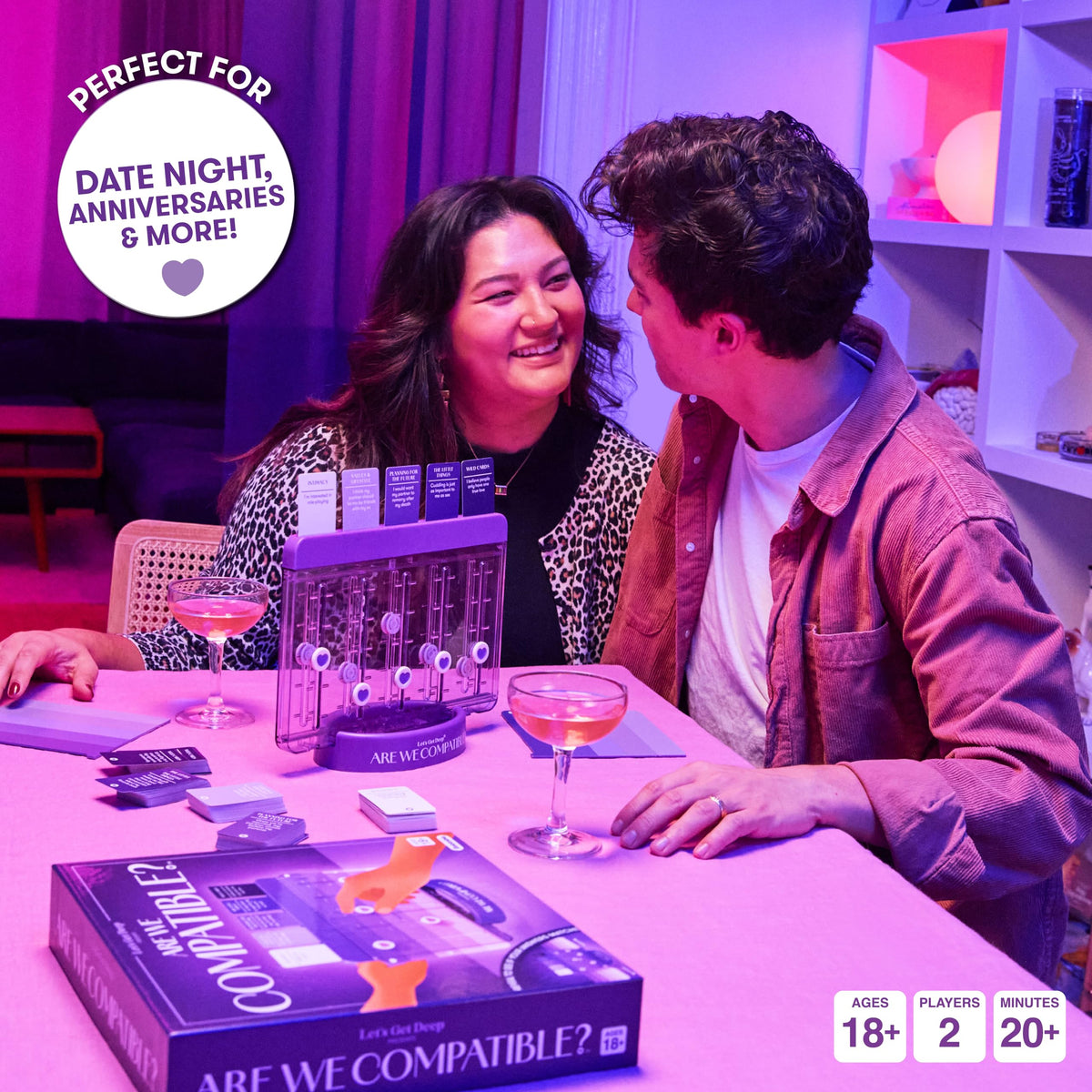 What Do You Meme? Are We Compatible board reveal shows sliders to compare answers for closer couple dialogue.