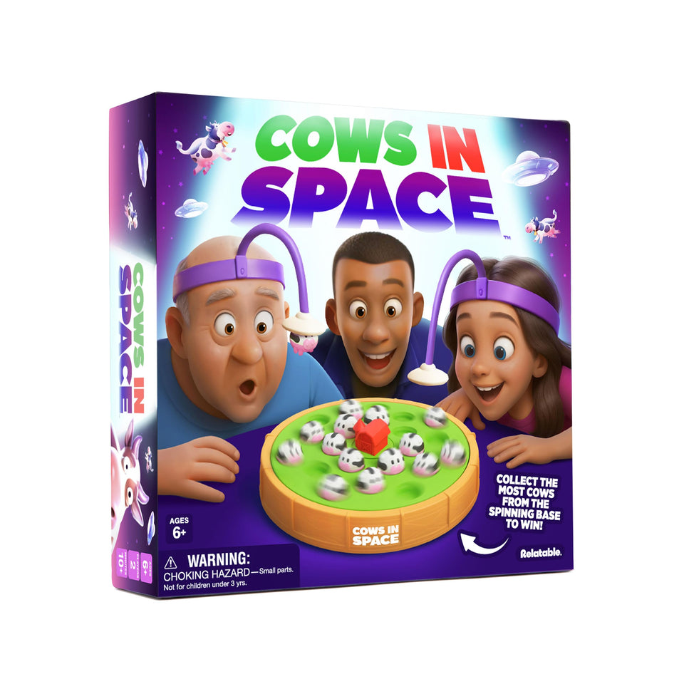 What Do You Meme? Cows In Space spinning base enhances fast, family-friendly play.