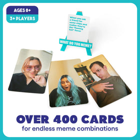 What Do You Meme? Family Edition photo cards showcase relatable prompts for memorable rounds.
