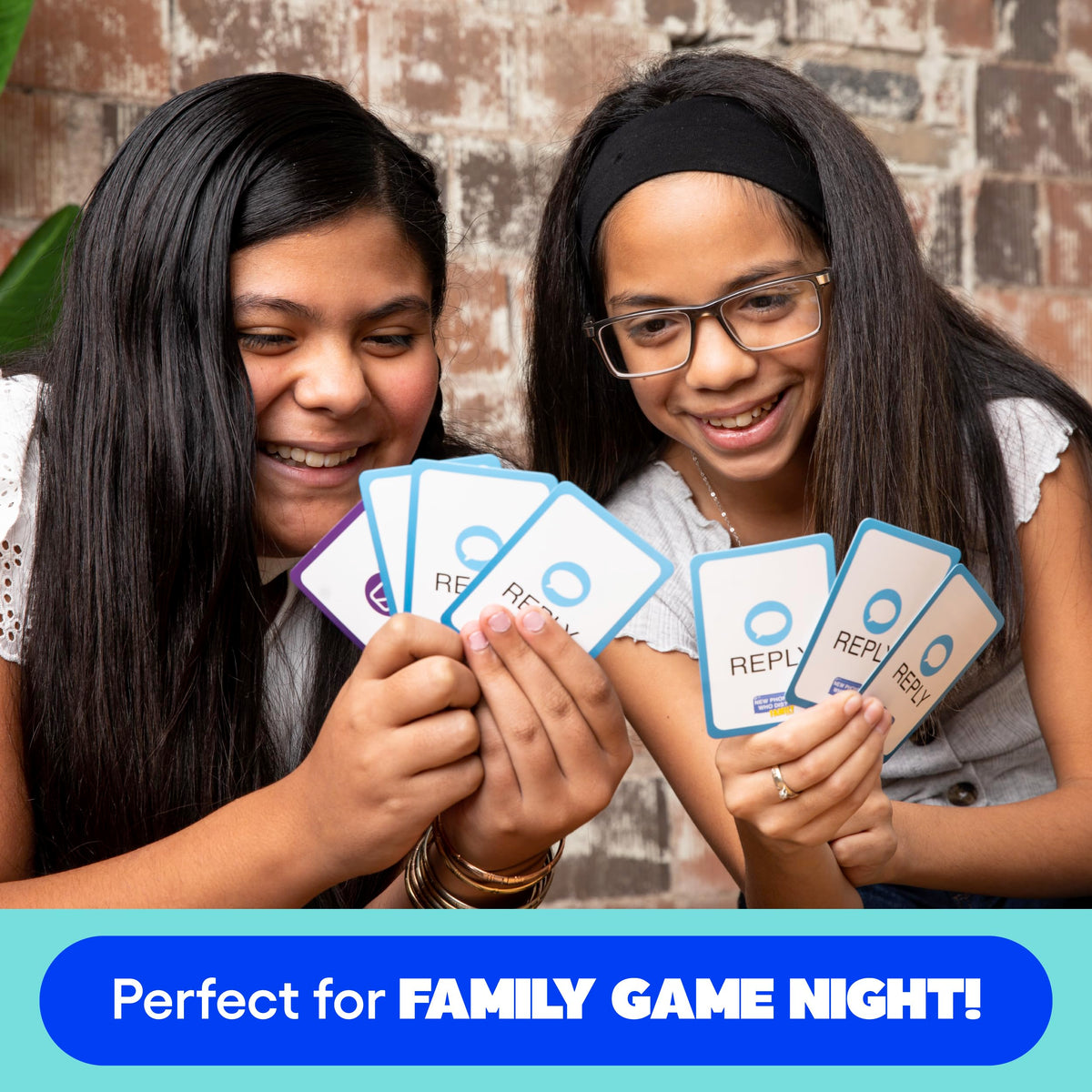 WHAT DO YOU MEME? New Phone, Who Dis? Family Edition playing setup shows friends competing for funny points