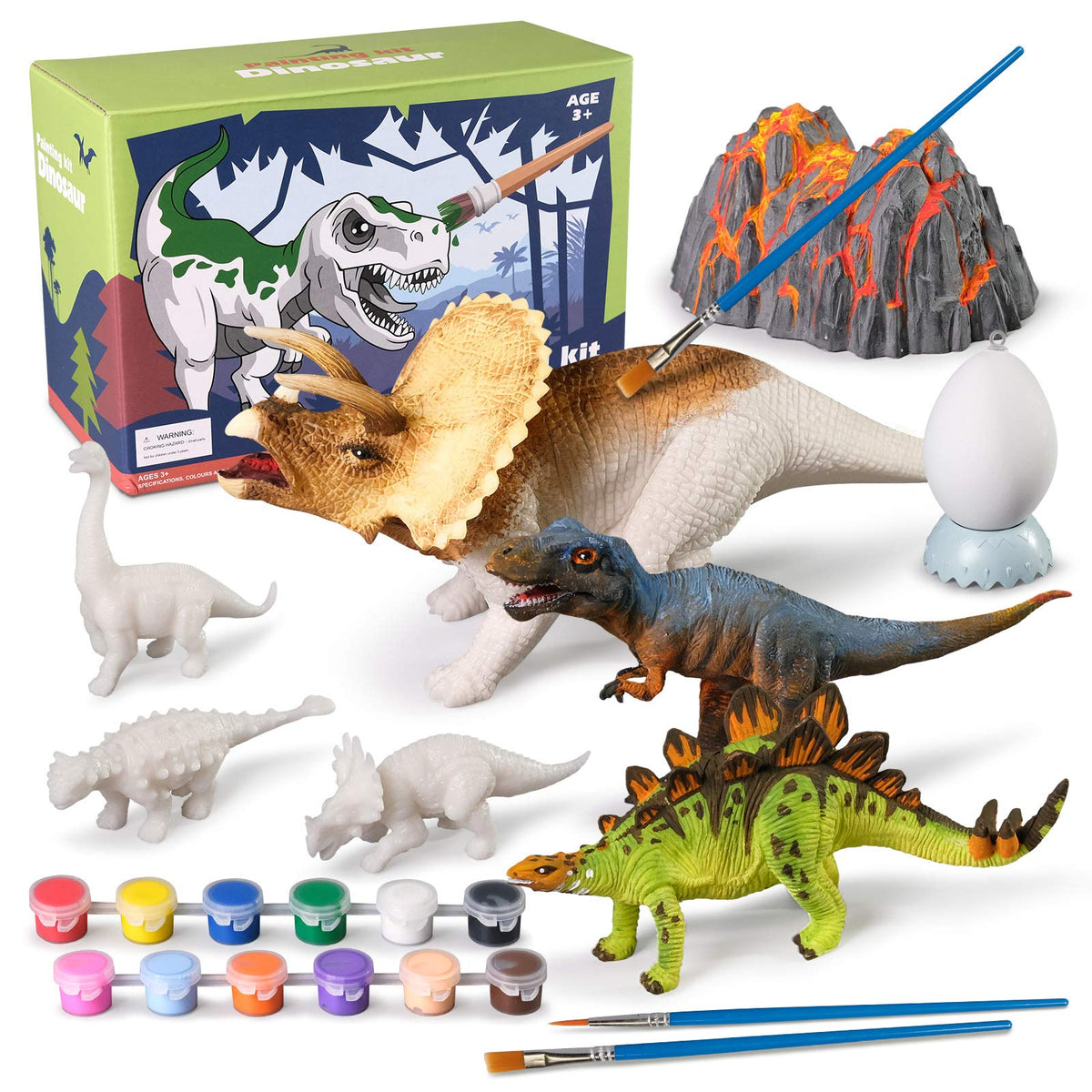 Whatstem 3D Dinosaurs painting kit shows Triceratops extras to spark imaginative crafting sessions.