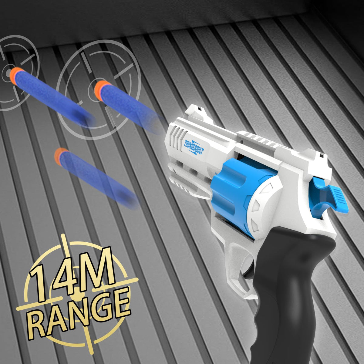 Whatstem revolver-style blaster with rotating barrel in action