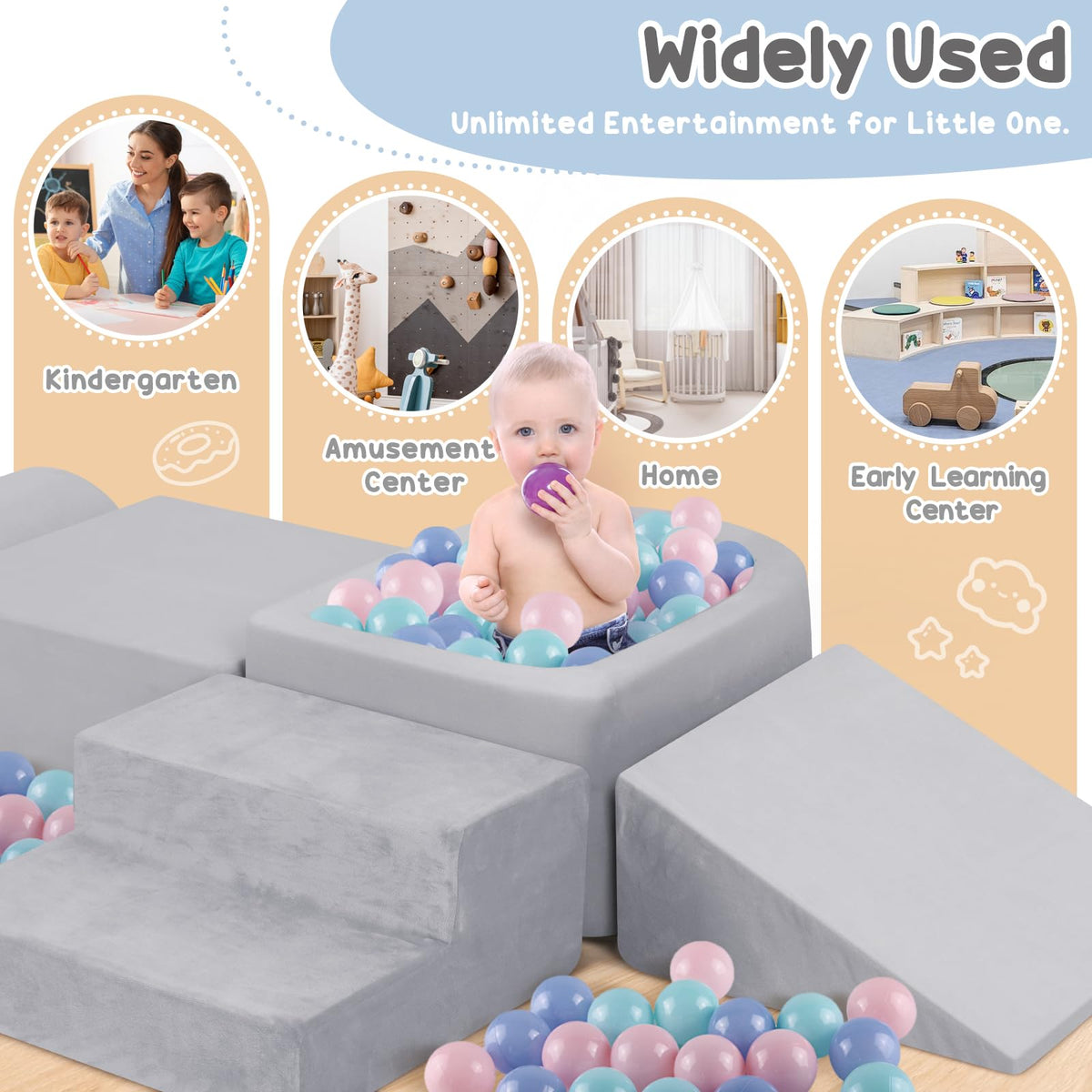 Whiffee foam climbing blocks grey ball pit: playful space to motivate activity.