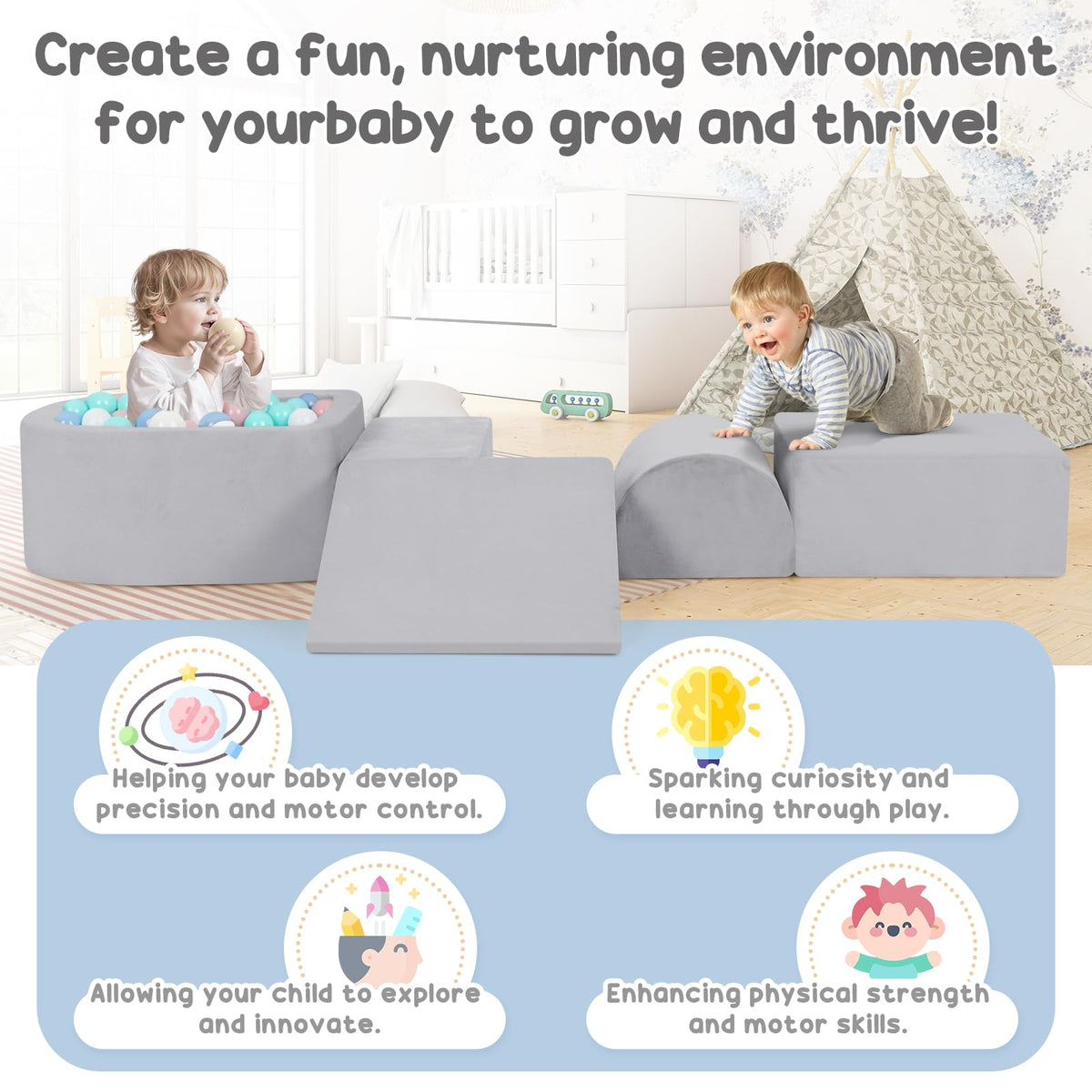 Whiffee foam climbing blocks grey triangle: versatile shape for creative stacking.