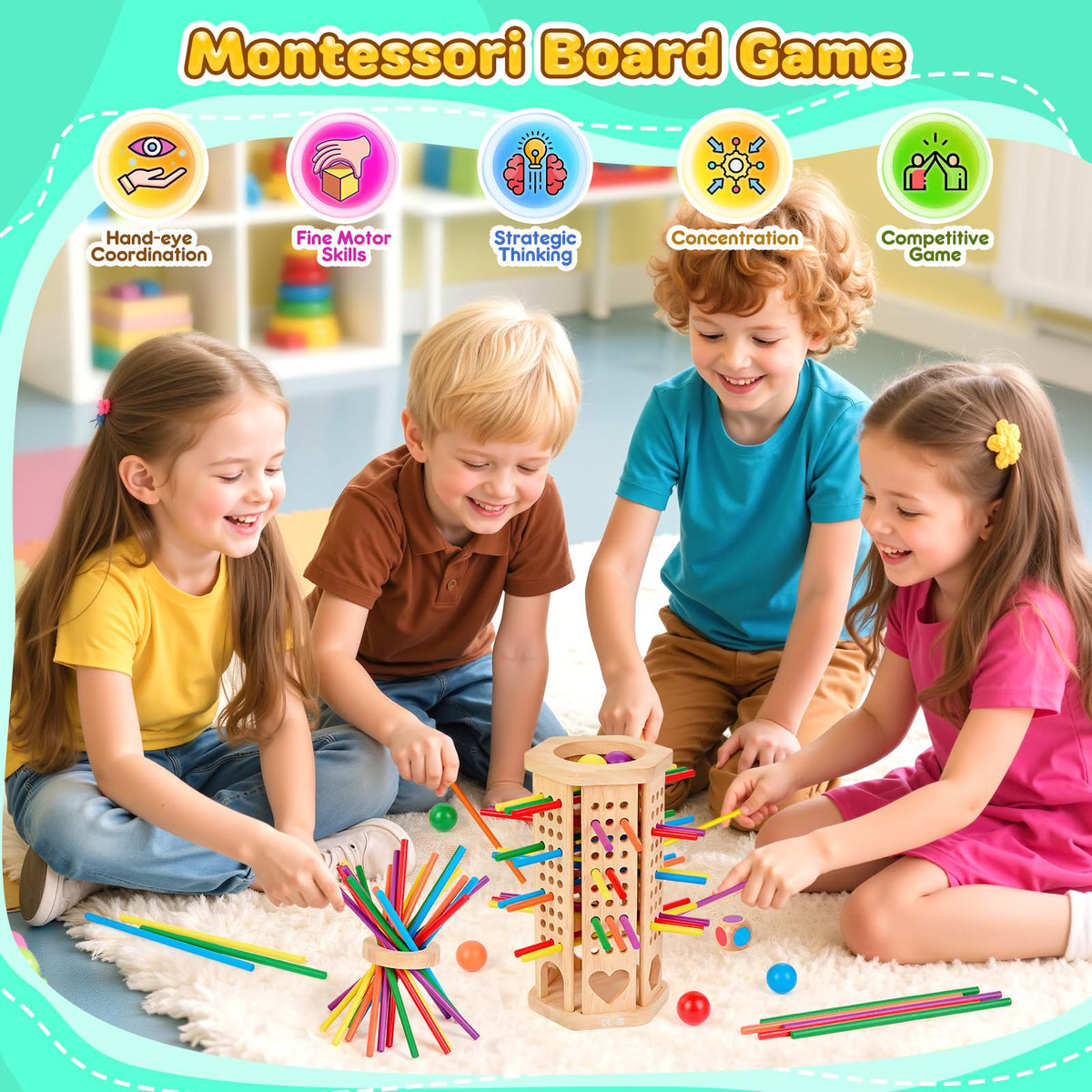 WhimsiPlay 42-stick dice game tower helps with sequencing and coordination.