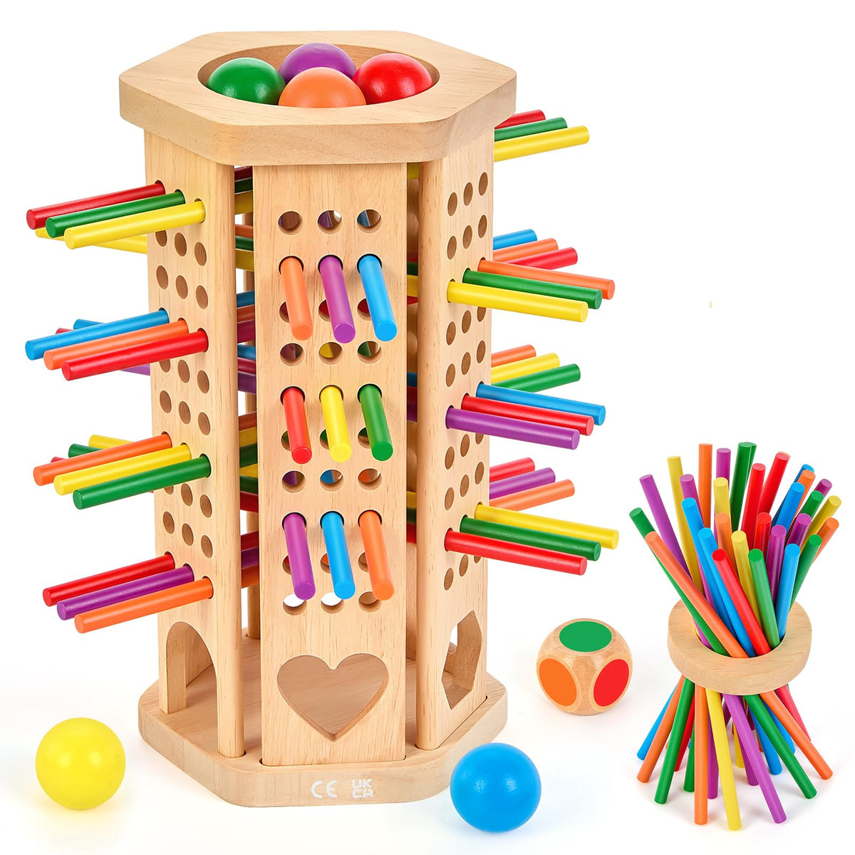 WhimsiPlay Montessori board game with wooden sticks for fine motor practice.