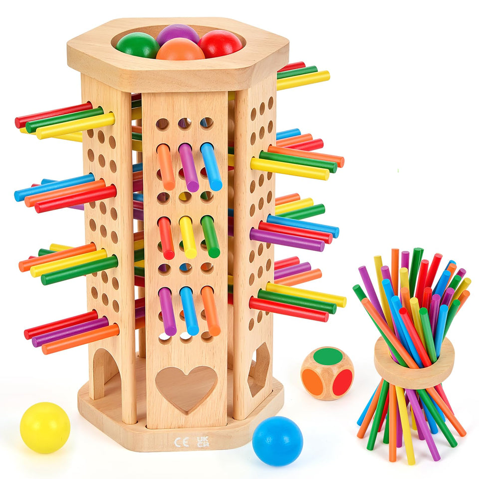 WhimsiPlay Montessori board game with wooden sticks for fine motor practice.