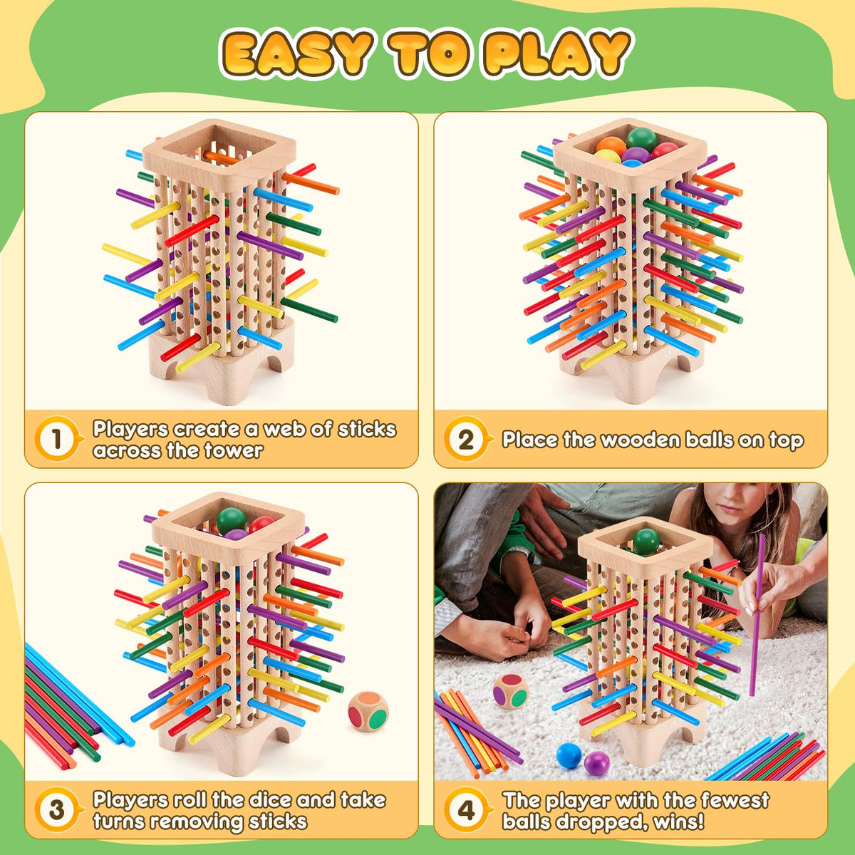 WhimsiPlay wooden dice guiding turns during play