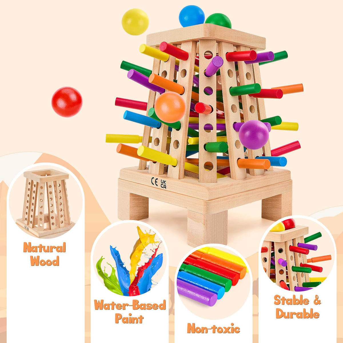 WhimsiPlay Beechwood Montessori toy with non-toxic finish emphasizing durability and safe play.