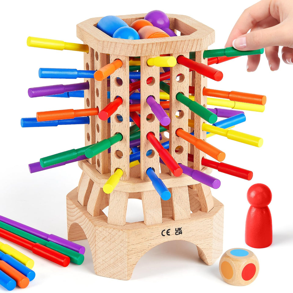 WhimsiPlay Montessori board game tower setup boosts focus during strategic play