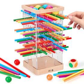 WhimsiPlay Montessori wooden board game with 48 colorful sticks for fine motor skill practice.