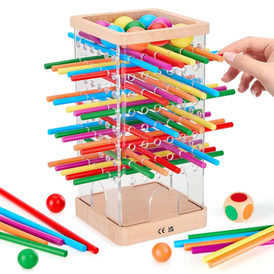 WhimsiPlay Montessori wooden board game with 48 colorful sticks for fine motor skill practice.