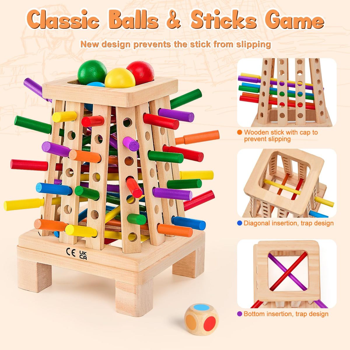 WhimsiPlay wooden ball with die-action scene emphasizing patience and turn-taking.