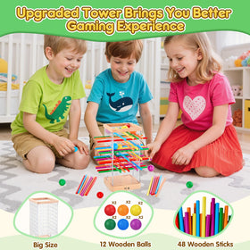 WhimsiPlay 12 wooden balls paired with sticks for rhythm and balance challenges.