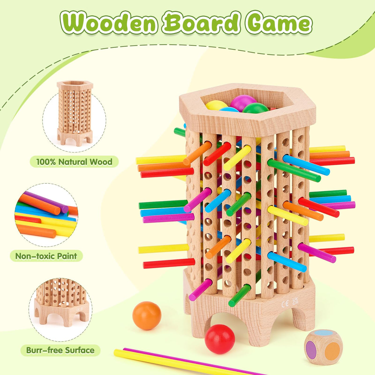 WhimsiPlay wooden dice captures chance elements for family-friendly turns