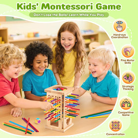 WhimsiPlay wooden tower and balls ready for engaging rounds.